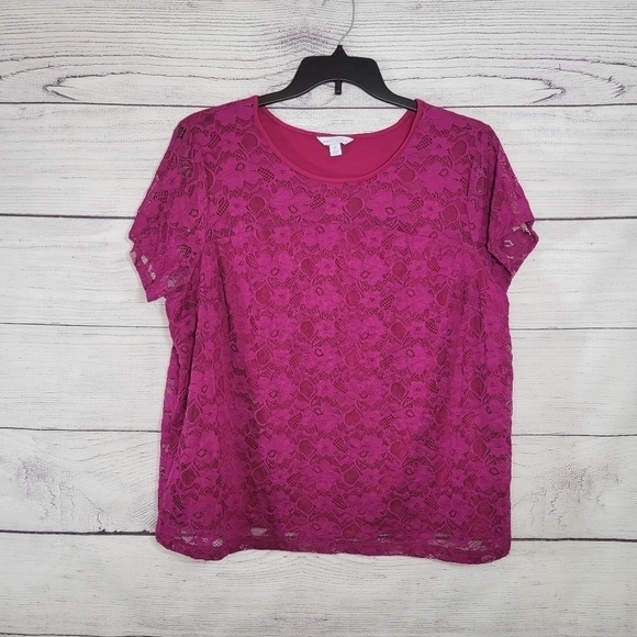 Boutique Plus Fuchsia Stretch Lace Top with Lining Sz 1X - Picture 3 of 6